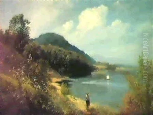 Fishing On The Hudson River Oil Painting by Hermann Herzog