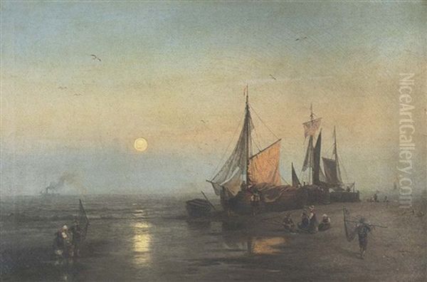 Moonlit Fishing Scene Oil Painting by Hermann Herzog