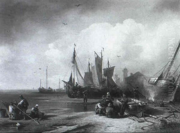 Figures By Boats In A Harbour by Hermann Herzog