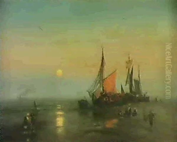 Moonlit Fishing Scene Oil Painting by Hermann Herzog