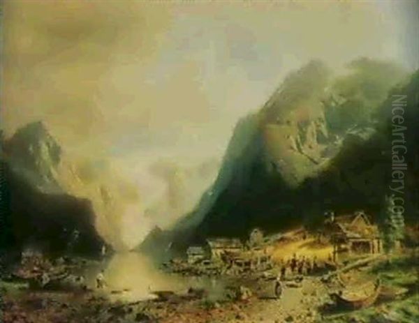 Fisherman's Village On An Alpine Lake Oil Painting by Hermann Herzog