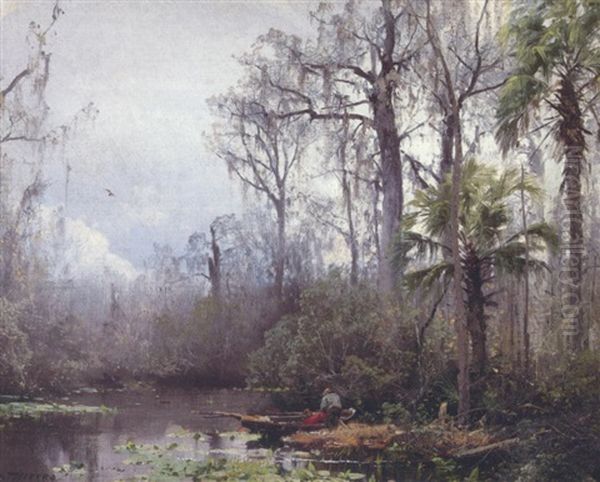 Figures In A River Landscape Oil Painting by Hermann Herzog