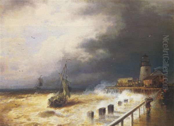 Storm On The Holland Coast Lighthouse And Pier Oil Painting by Hermann Herzog