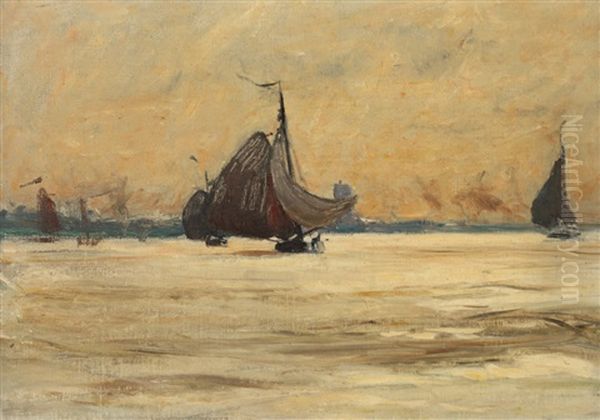 Boats In Winter Oil Painting by Lewis E. Herzog