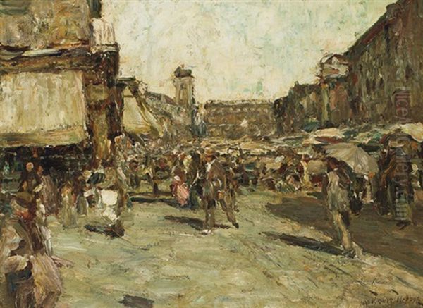 Market Scene Oil Painting by Lewis E. Herzog