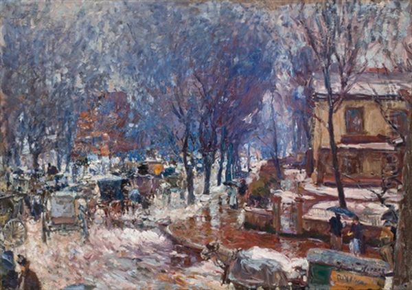 City In Winter Oil Painting by Lewis E. Herzog