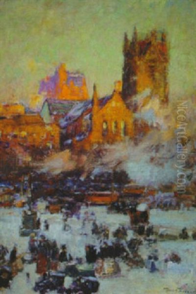 A City In Winter, With Gothic Spire And Churches Oil Painting by Lewis E. Herzog