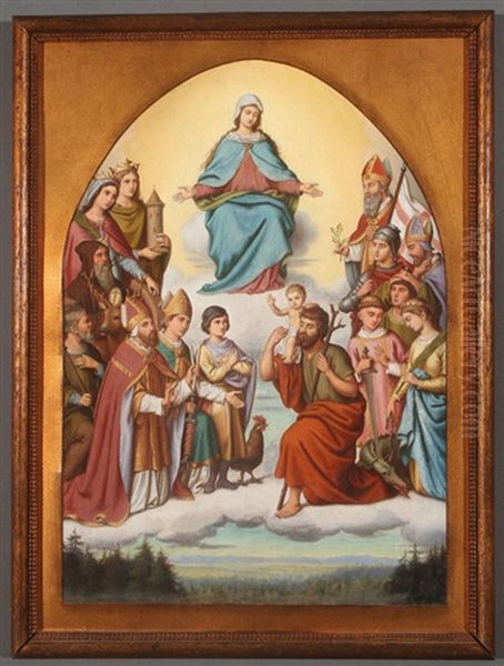 The Virgin In Heaven Above A Gathering Of Saints, Including St. George, St. Margaret, St. Stephen, St. Lawrence, St. Blaise, St. Hubert, St. Catherine Of Alexandria, St. Barbara, St. Christopher And Others Oil Painting by Auguste Hess