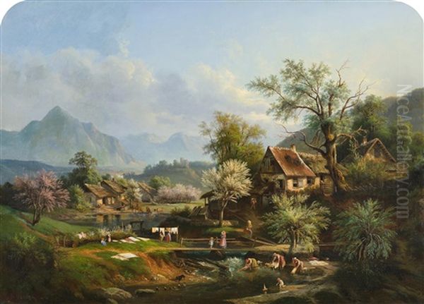 Fruhlingslandschaft Mit Wascherinnen Am Fluss Oil Painting by Benedikt Franz Hess