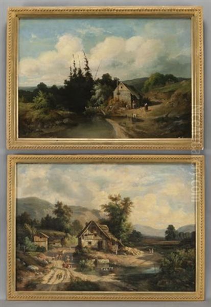 Peasants On The Farm (pair) Oil Painting by Benedikt Franz Hess