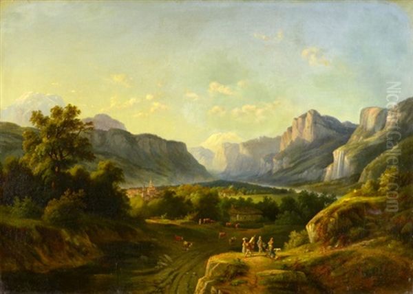 Alpen Landscape With Hunters And Farmers by Benedikt Franz Hess