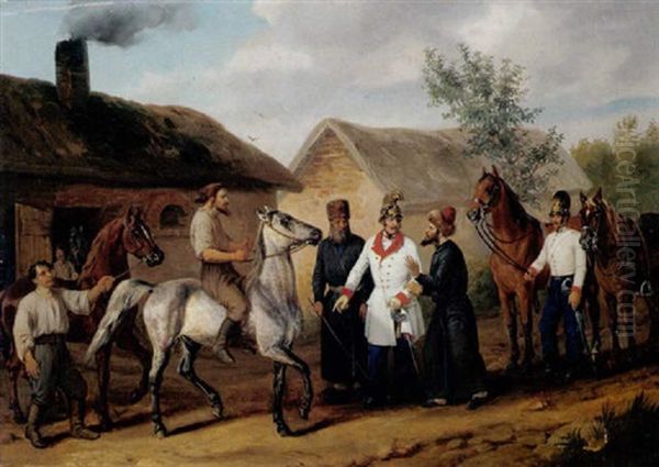 Osterreichische Kurassiere, Pferdenankauf In Galizien Oil Painting by Carl Adolf Heinrich Hess