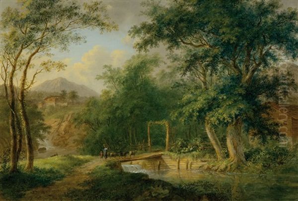 The Rhine Bridge In The Medelsertal Oil Painting by Ludwig Hess