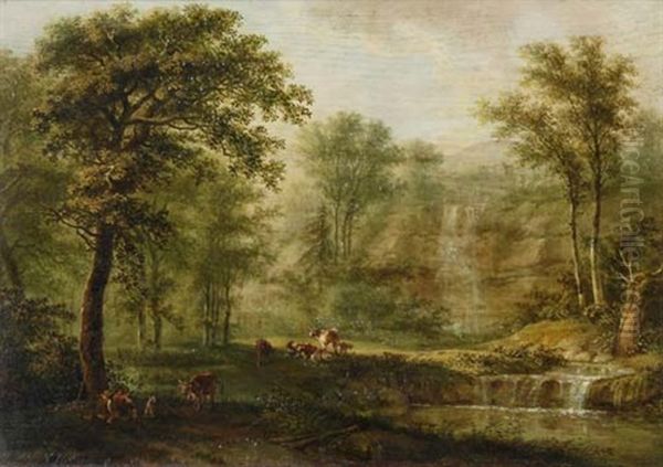 Waldweide Mit Wasserfall Oil Painting by Ludwig Hess