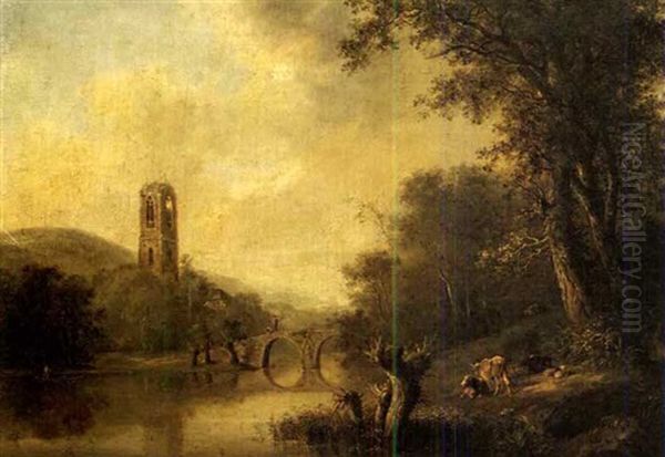 Flusslandschaft Mit Steinbrucke Und Kirchturmruine Oil Painting by Ludwig Hess