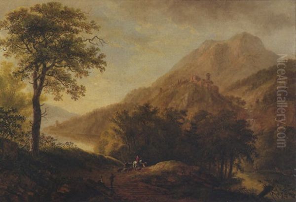 Landschaft Mit Berg Und Burg Oil Painting by Ludwig Hess