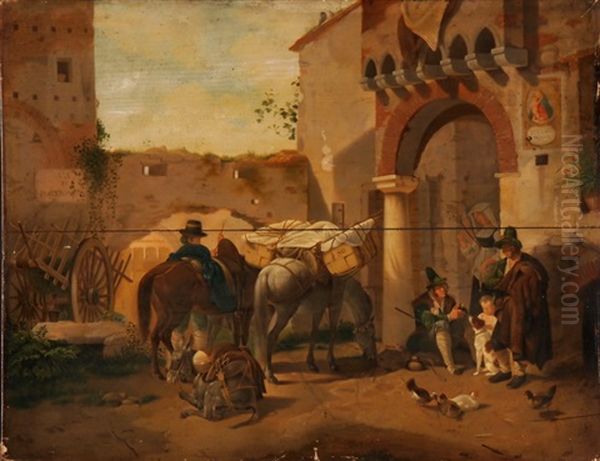 Szene In Einem Italienischen Dorf Oil Painting by Peter Heinrich Lambert Von Hess