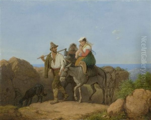 Italiener Und Zwei Frauen Mit Kind Auf Einem Maulesel Oil Painting by Peter Heinrich Lambert Von Hess