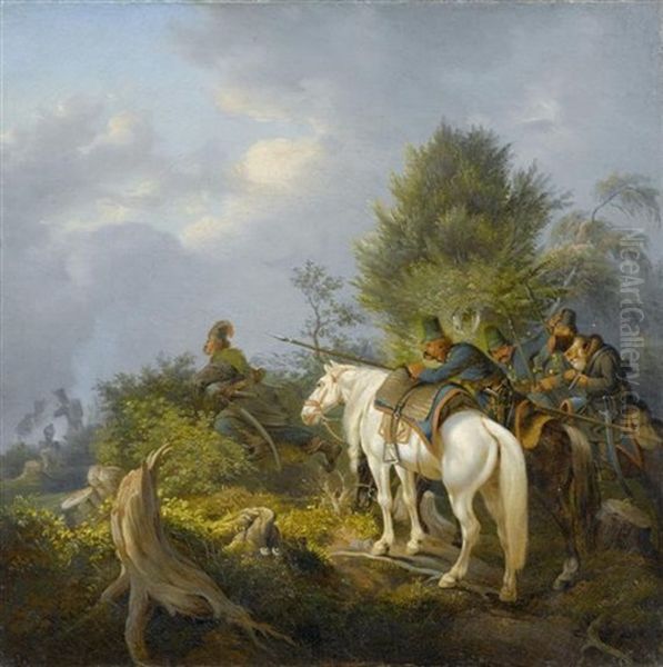 Soldaten Im Hinterhalt Oil Painting by Peter Heinrich Lambert Von Hess