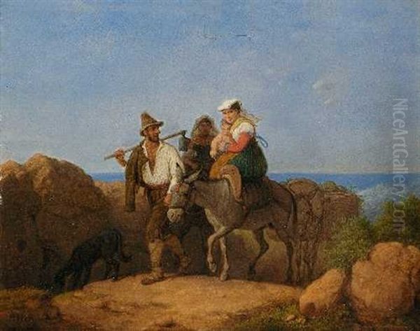 Italiener Und Zwei Frauen Mit Kind Auf Mauleseln Oil Painting by Peter Heinrich Lambert Von Hess