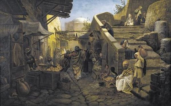 Belebte Strassenpartie In Palastina Oil Painting by Peter Heinrich Lambert Von Hess