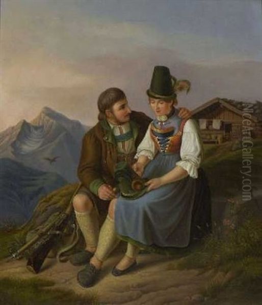 Sennerin Und Jager Vor Der Almhutte Oil Painting by Peter Heinrich Lambert Von Hess