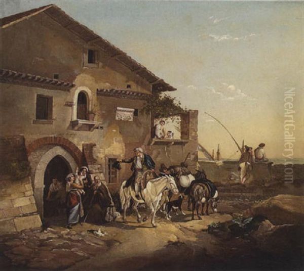 Vor Einer Italienischen Hafenschenke Oil Painting by Peter Heinrich Lambert Von Hess