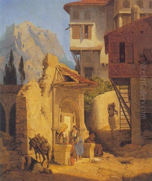 Griechische Bauerinnen Am Dorfbrunnen Oil Painting by Peter Heinrich Lambert Von Hess