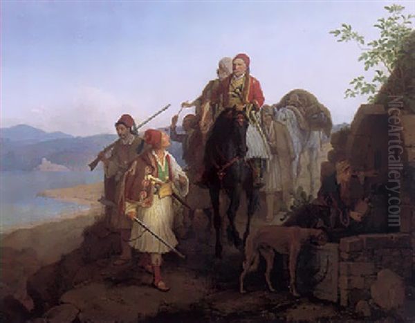 Griechische Landschaft Mit Reitern An Der Quelle Oil Painting by Peter Heinrich Lambert Von Hess