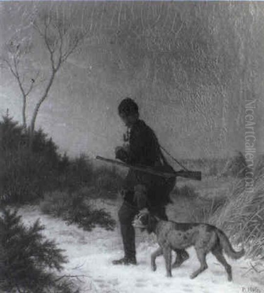 Jager Mit Seinem Hund In Winterlandschaft Oil Painting by Peter Heinrich Lambert Von Hess