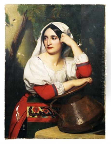 Jeune Italienne A La Fontaine Oil Painting by Alexandre-Jean-Baptiste Hesse