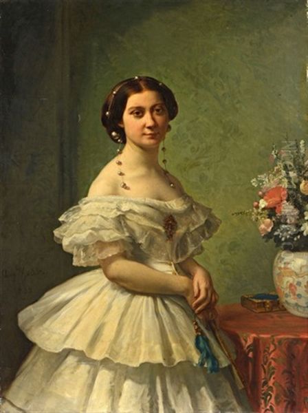 Portrait De Jeune Femme A La Robe Blanche Frottements Dus A L'ancien Emplacement Du Cadre by Auguste Hesse