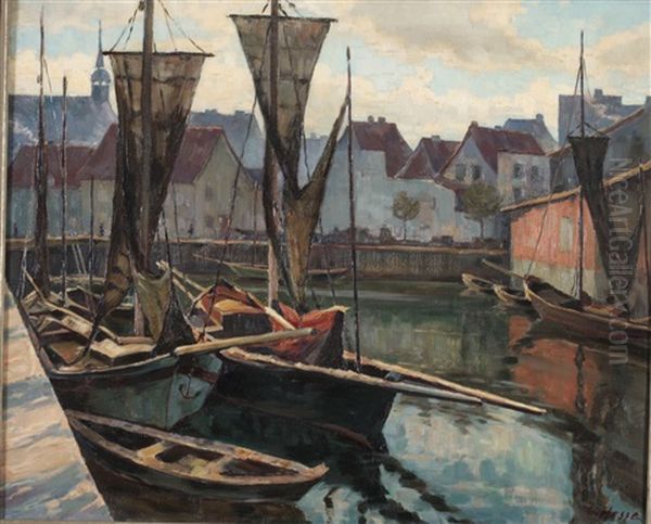 Boats In A Port Oil Painting by Georg Hesse