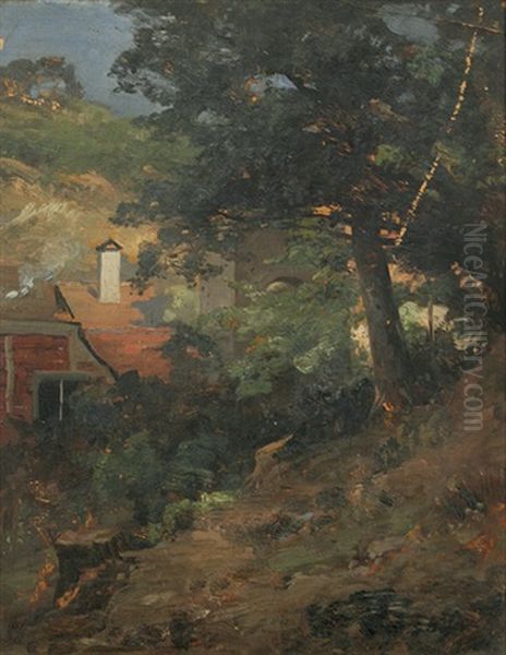 Baumbestandener Berghang Bei Einem Haus Oil Painting by Georg Hesse