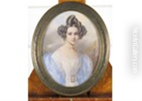 Portrait Miniature Of A Lady, Half Length In A Blue And White Dress by Henri-Joseph Hesse