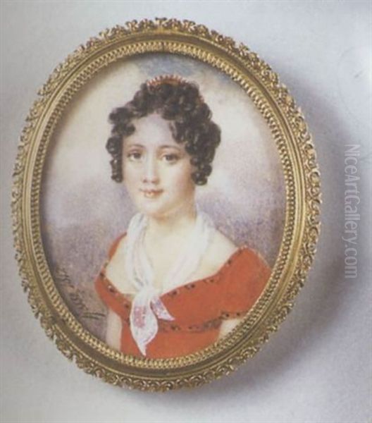 Portrait De Jeune Femme En Robe Rouge, Echarpe De Gaze Blanche Et Peigne De Corail Dans Sa Chevelure Bouclee.  Fond De Ciel Nuageux. Oil Painting by Henri-Joseph Hesse