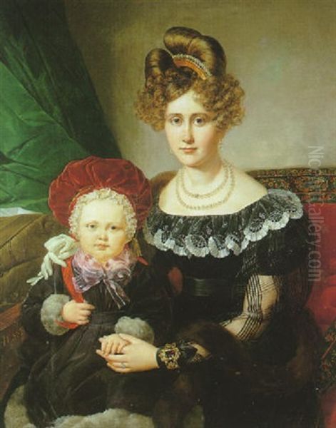 Portrait D'une Jeune Mere Et De Son Enfant Oil Painting by Henri-Joseph Hesse