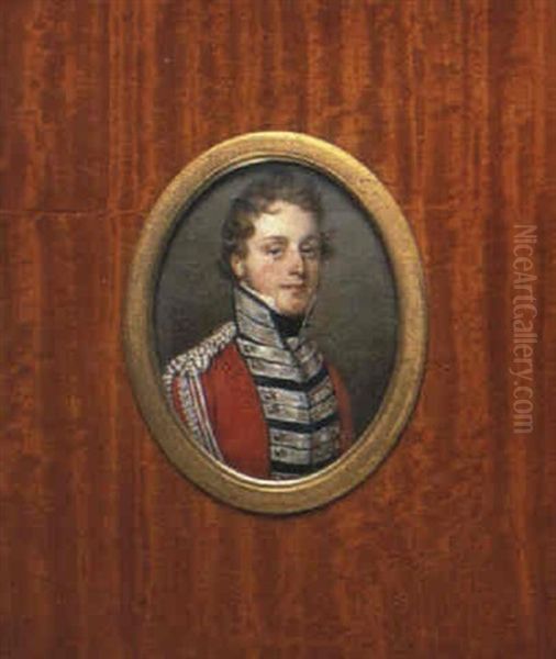 An Officer With Curling Light-brown Hair, Wearing A Scarlet Uniform With Blue Facings And Silver Lace... Oil Painting by Henri-Joseph Hesse