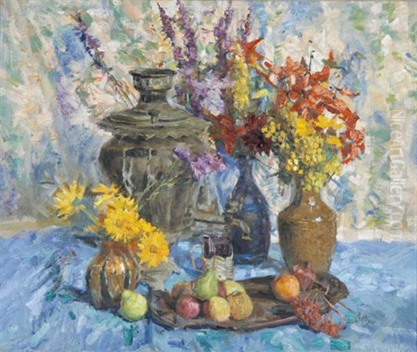 Stilleben Mit Samowar, Vasen, Blumen Und Fruchten Oil Painting by Rudolf Hesse