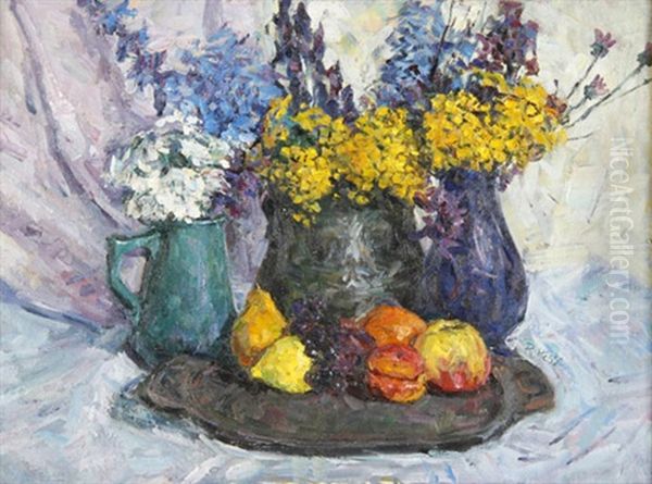 Stilleben Mit Fruchten, Blumen Und Krug Oil Painting by Rudolf Hesse