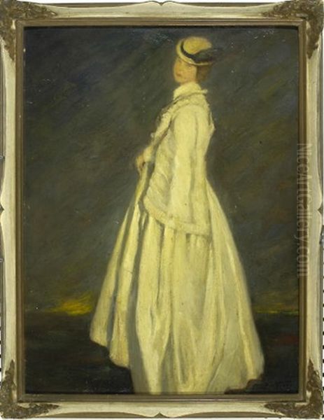 Dame Mit Hut In Heller Flanierkleidung Vor Dunklem Hintergrund Oil Painting by Rudolf Hesse