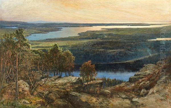 Landskapsbild Fran Dalsland I Morgonljus Oil Painting by Otto Hesselbom