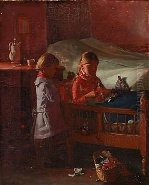 Interior With Two Small Girls Playing Oil Painting by Hans Andreasen Hessellund