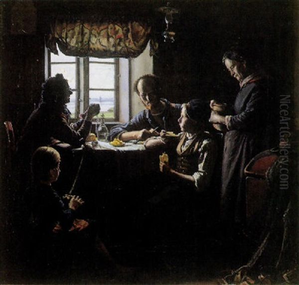 En Fiskerfamilie Ved Vesperkosten Oil Painting by Hans Andreasen Hessellund