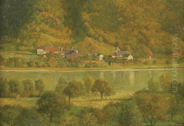 Village Along The River Oil Painting by Gustav August Hessl