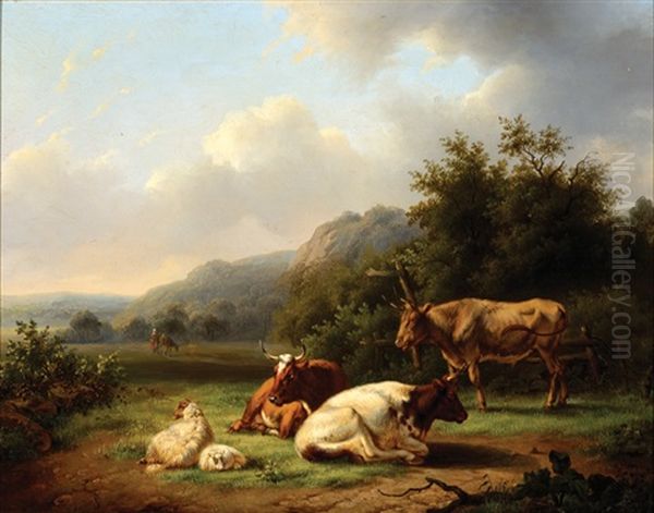 Mountain Landscape With Cattle In The Foreground Oil Painting by Georg Heinrich Hessler