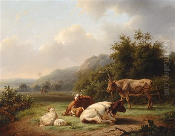 Mountain Landscape With Cattle In The Foreground Oil Painting by Georg Heinrich Hessler