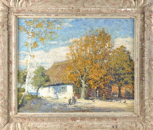 Magd Mit Unter Baumen Spielenden Kindern Vor Einem Gehoft Oil Painting by Carl Hessmert