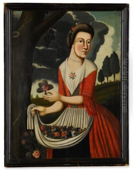 Portrait Of Catherine Clinton Heston (1755-1804) With An Apron Full Of Flowers Oil Painting by Isaac Heston