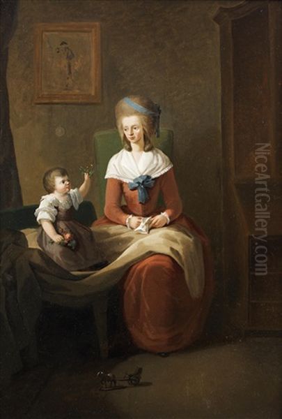 Portrait Of The Wife And Child Of Gottlieb Christian Heigelen Seated In An Interior Oil Painting by Philipp Friedrich Von Hetsch